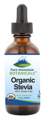 Pure Mountain Botanicals Organic Liquid Stevia bottle for sugar-free sweetness.