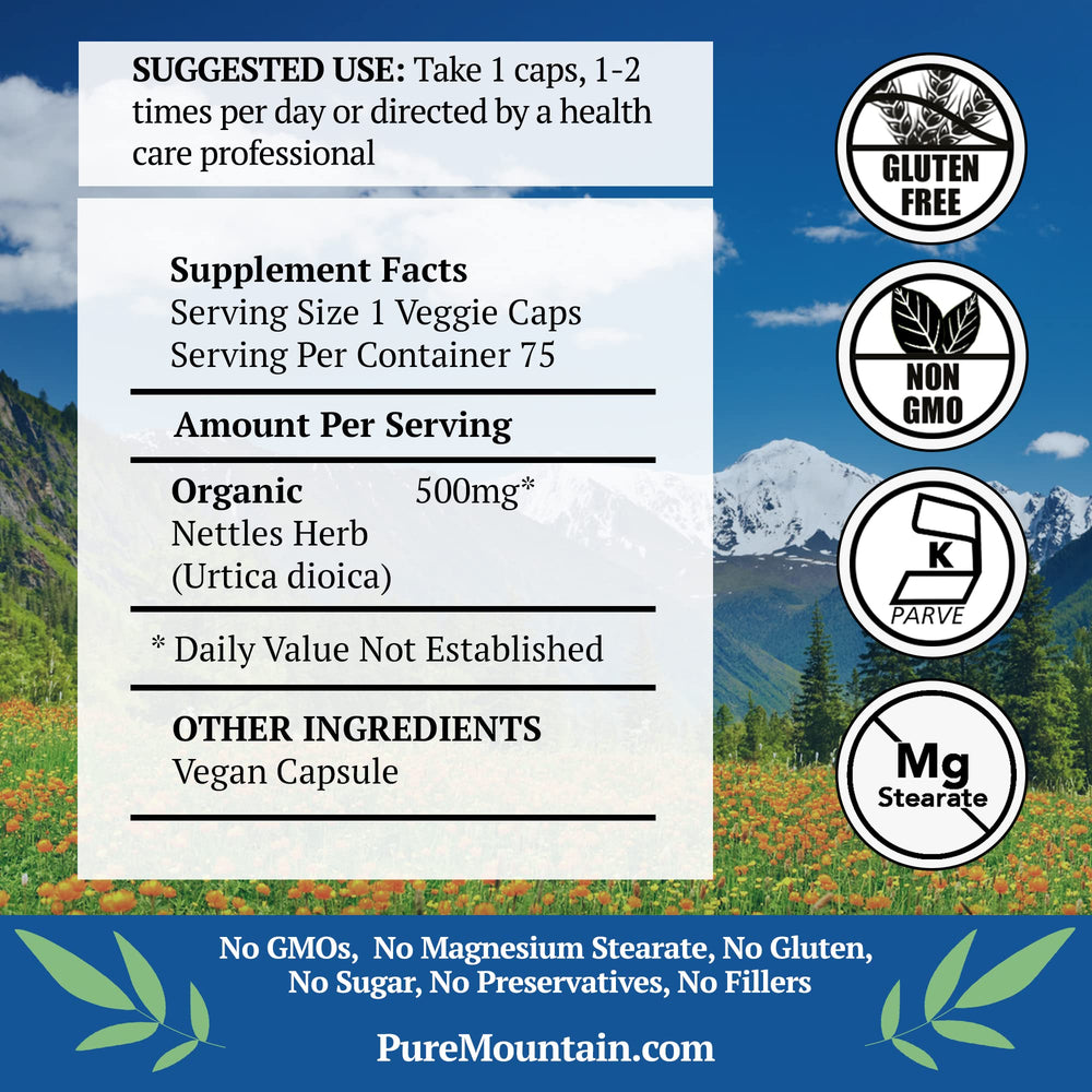 Pure Mountain Botanicals organic nettle leaf capsules close-up highlighting purity