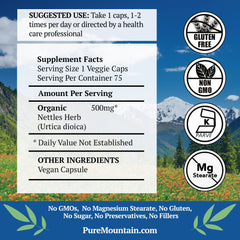 Pure Mountain Botanicals organic nettle leaf capsules close-up highlighting purity