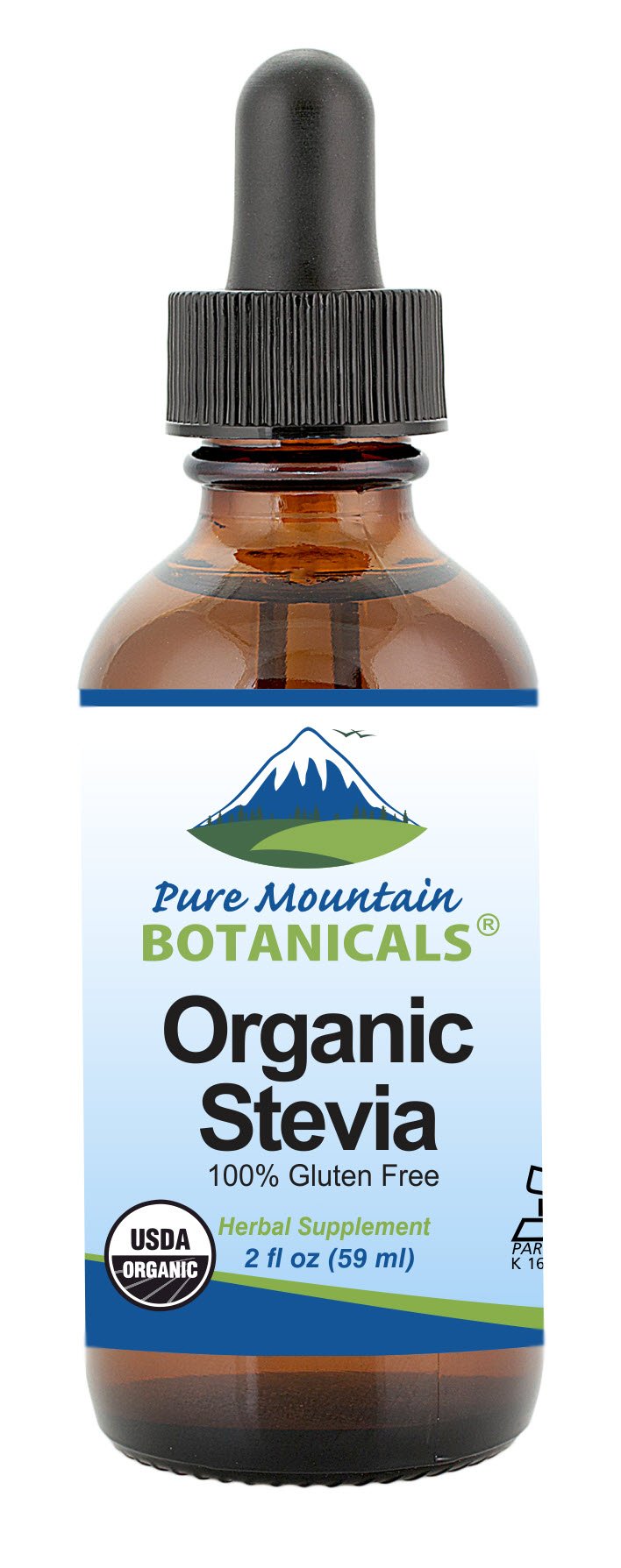 Pure Mountain Botanicals Stevia Drops bottle highlighting organic zero-calorie sweetness.