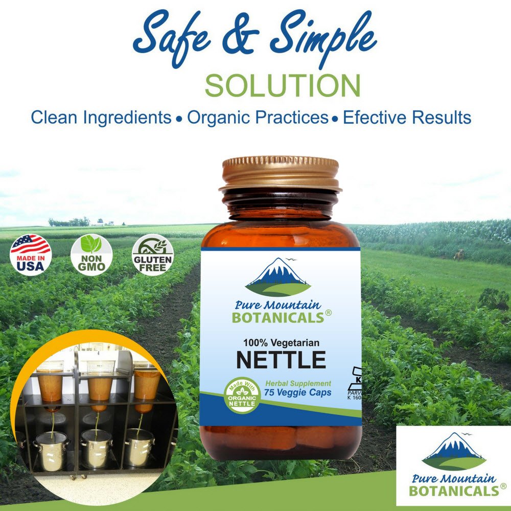 Pure Mountain Botanicals vegan kosher nettle capsules packaging meets dietary needs