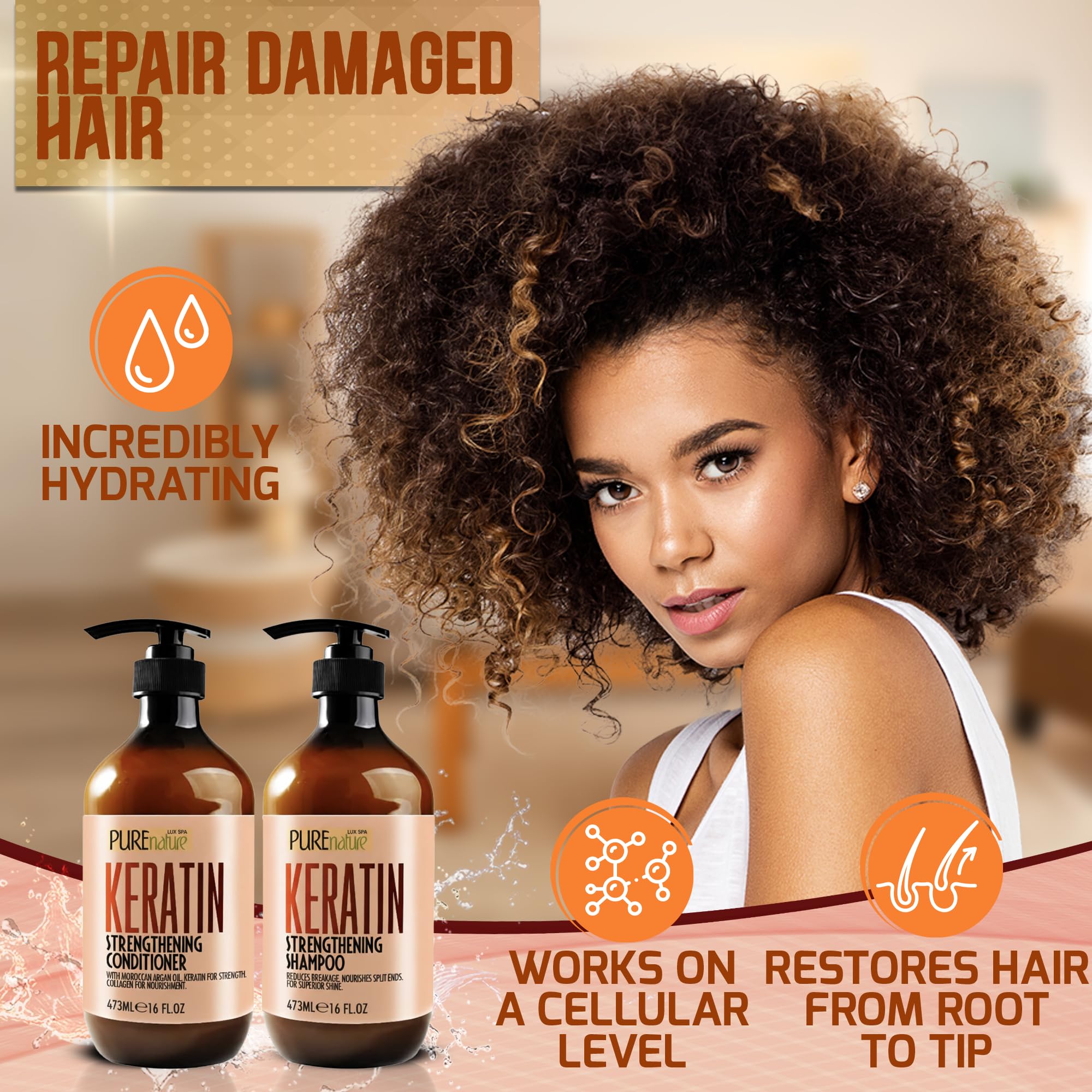 Pure Nature Lux Spa bathroom shelf display suggests organized hair care.