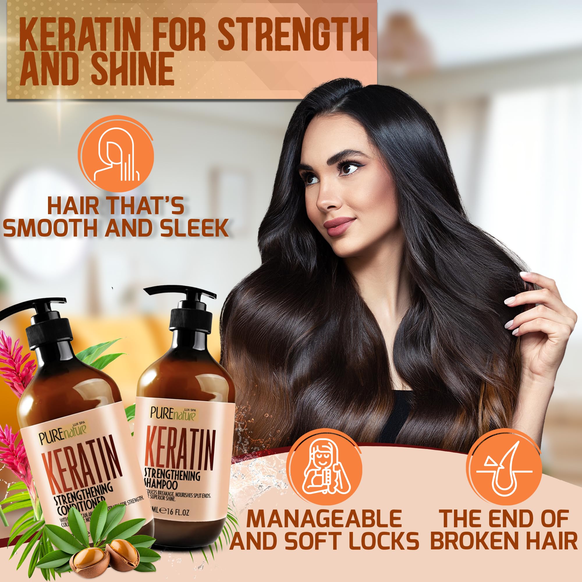 Pure Nature Lux Spa keratin conditioner tube highlighting moisture and shine.