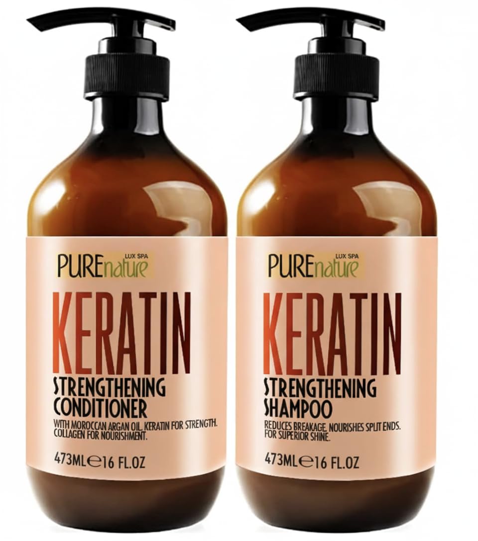 Pure Nature Lux Spa keratin shampoo bottle showing frizz-control potential.