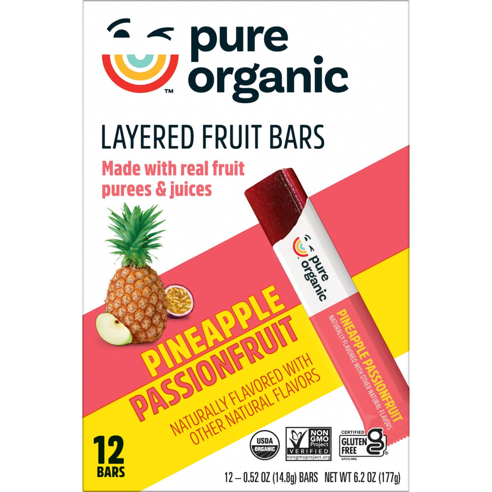 Pure Organic ingredients photo showing real fruit purées and juices in layers