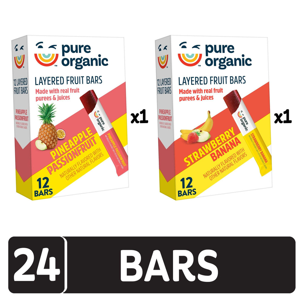 Cross-section of a Pure Organic bar showing stacked fruit layers.