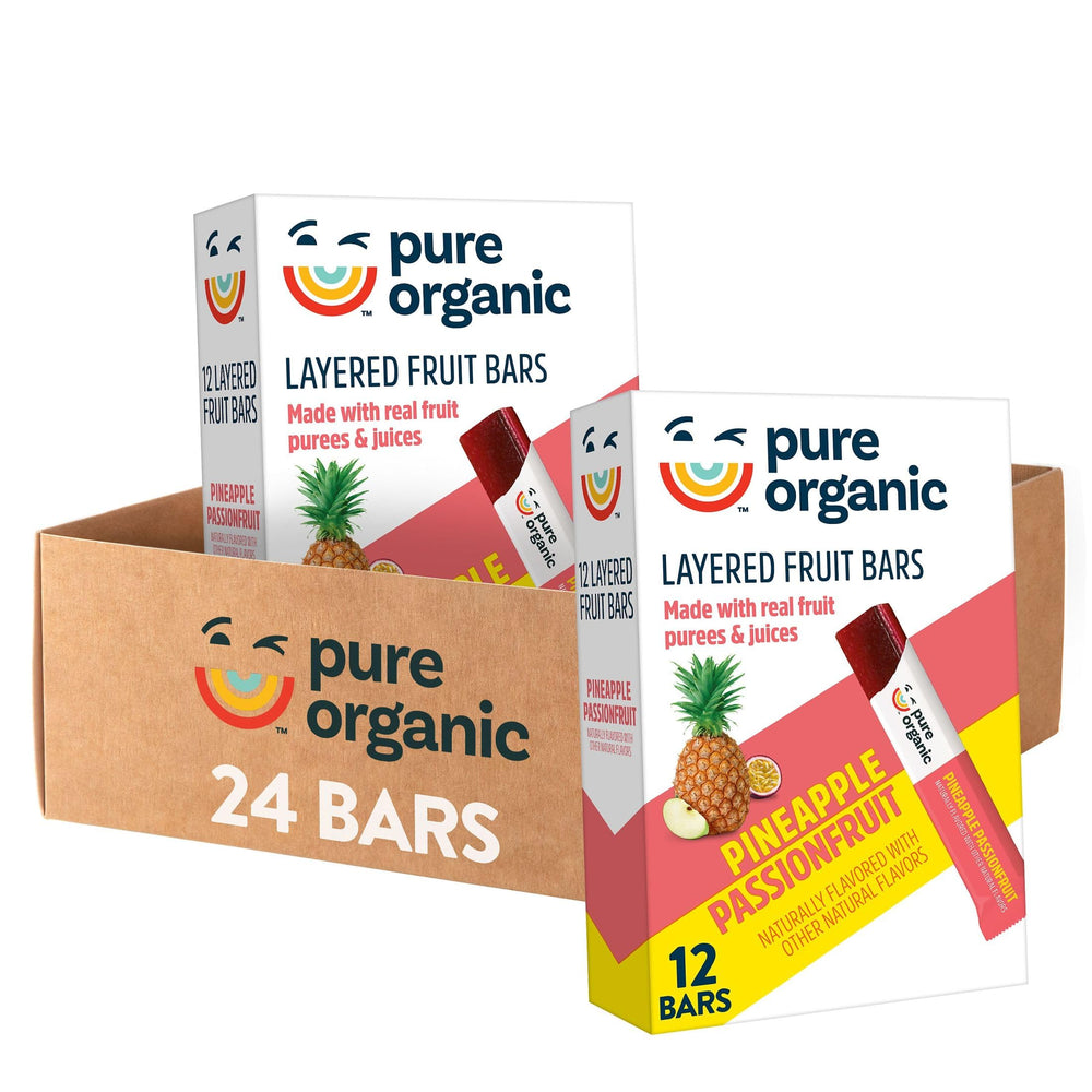 Pure Organic Pineapple Passionfruit bar packaging showcases convenient single-serve design for on-the-go snacking.