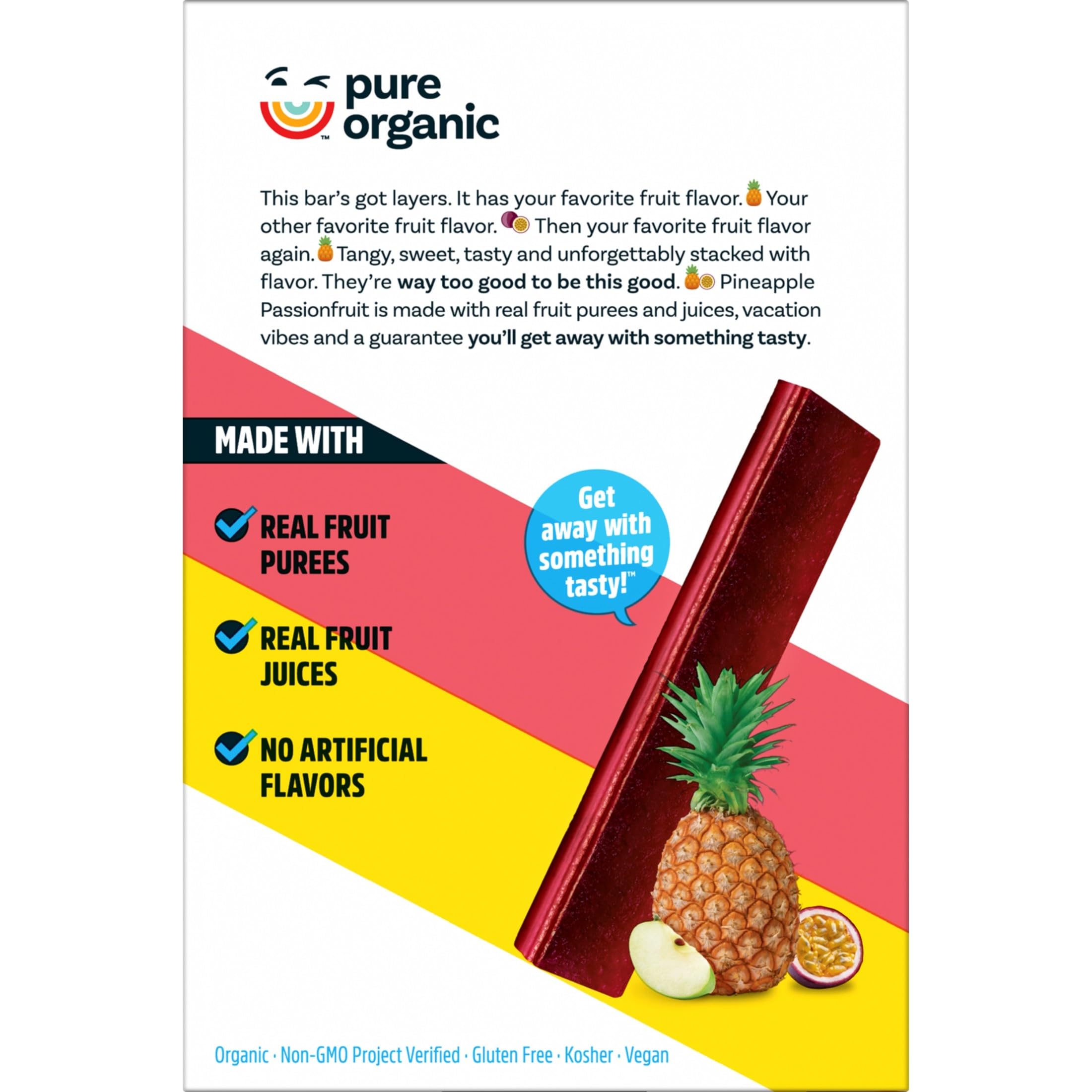 Pure Organic no artificial colors and flavors label, clean snack claim