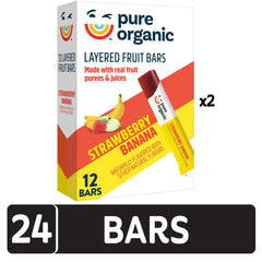 Pure Organic Strawberry Banana bars ingredients with real fruit puree and juice highlighted