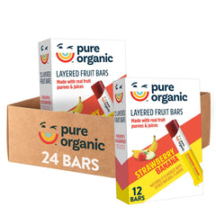 Pure Organic Strawberry Banana layered bars pack on a snacks display for on-the-go snacking