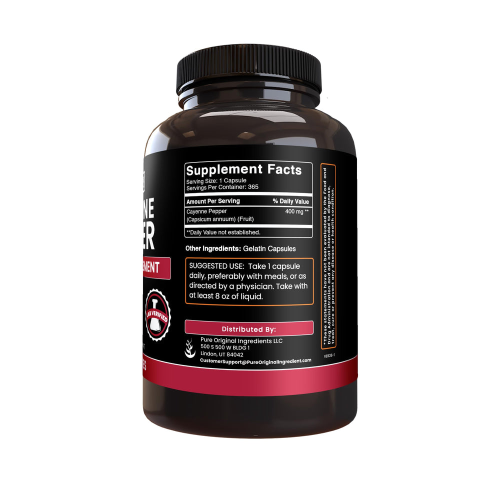 Pure Original Ingredients Cayenne Pepper capsules label closeup highlighting single ingredient formula