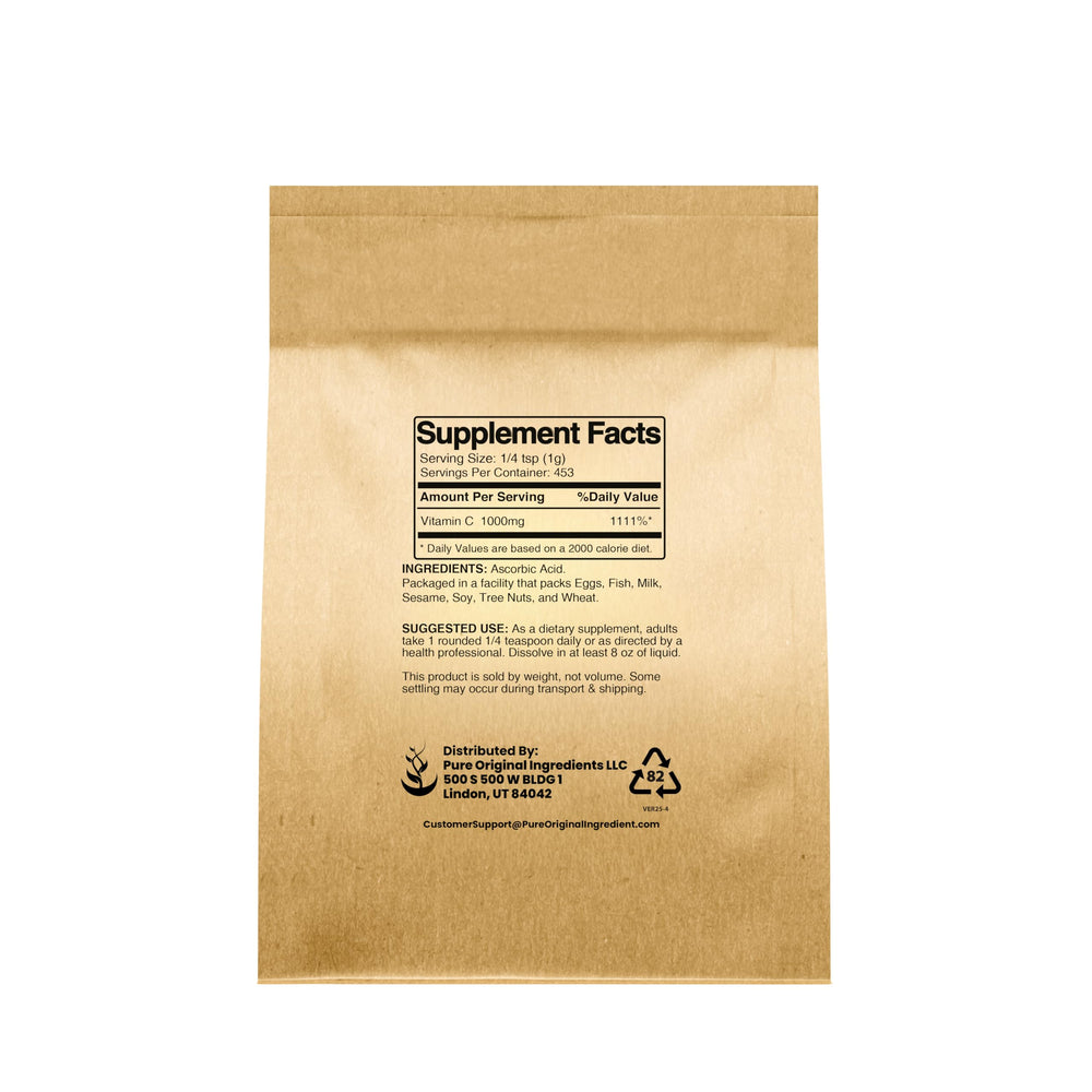Pure Original Vitamin C Powder close-up, showing fine texture suitable for dissolving in liquids.