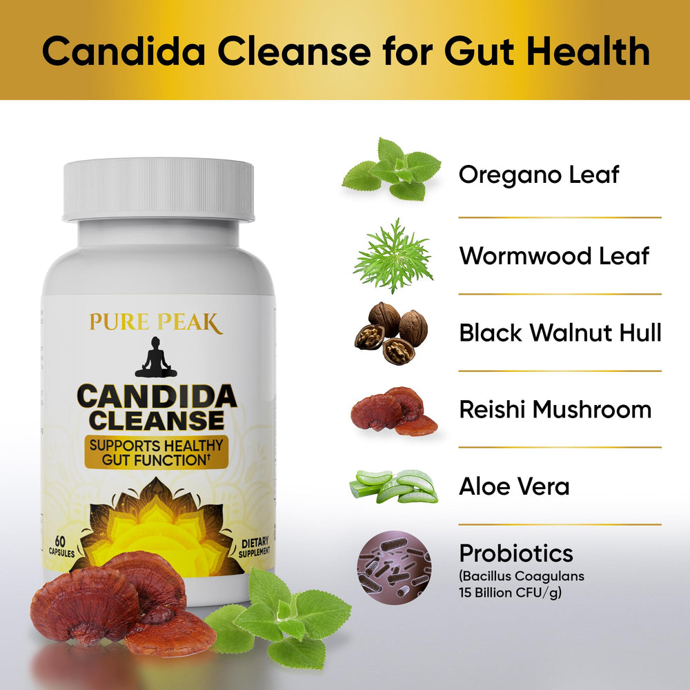 Pure Peak Candida Cleanse bottle label and packaging reflecting natural detox.
