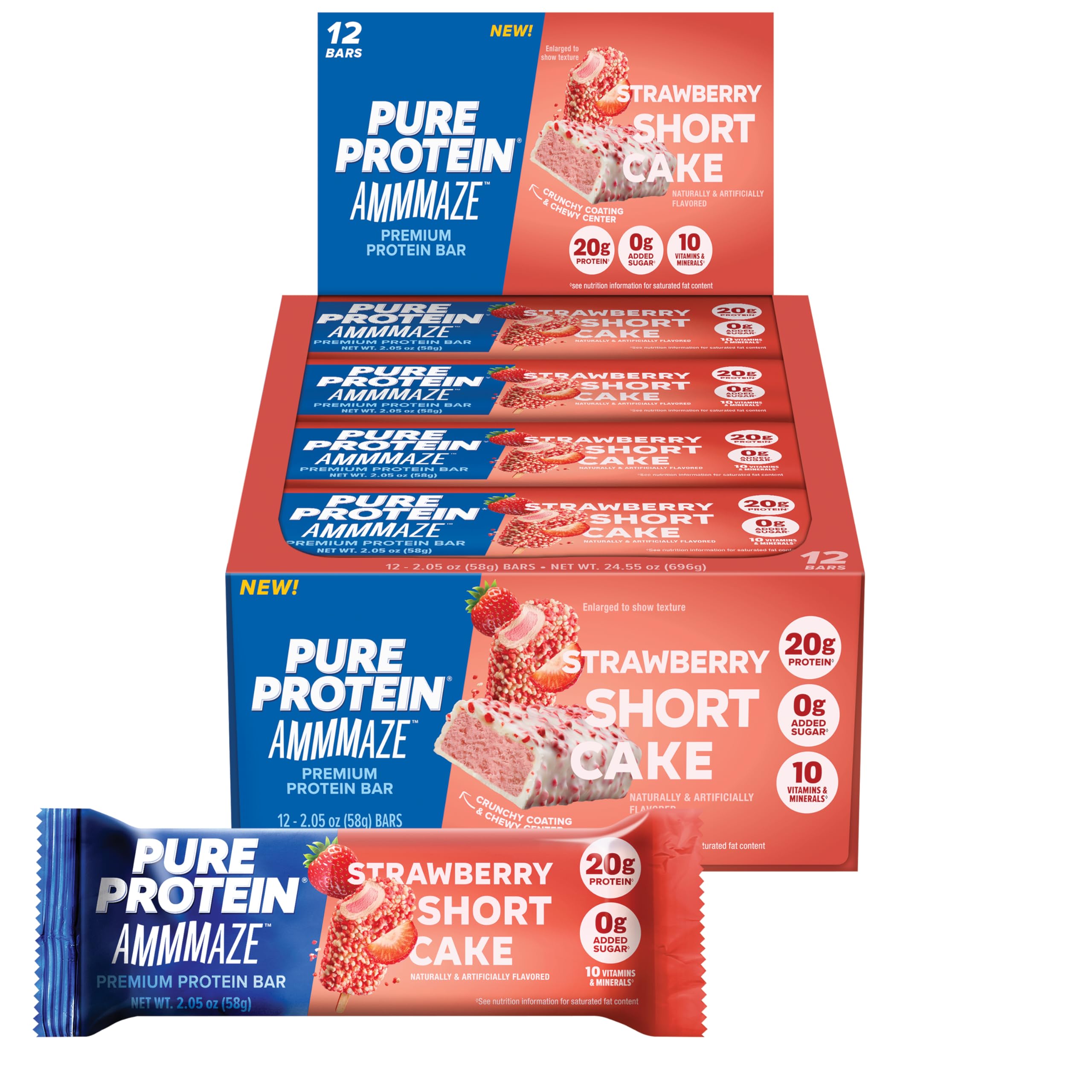 Pure Protein AMMMAZE strawberry shortcake center showcases protein-packed flavor for post-workout energy.