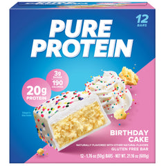 Pure Protein Birthday Cake bar nutrition facts label, clear protein and sugar details.