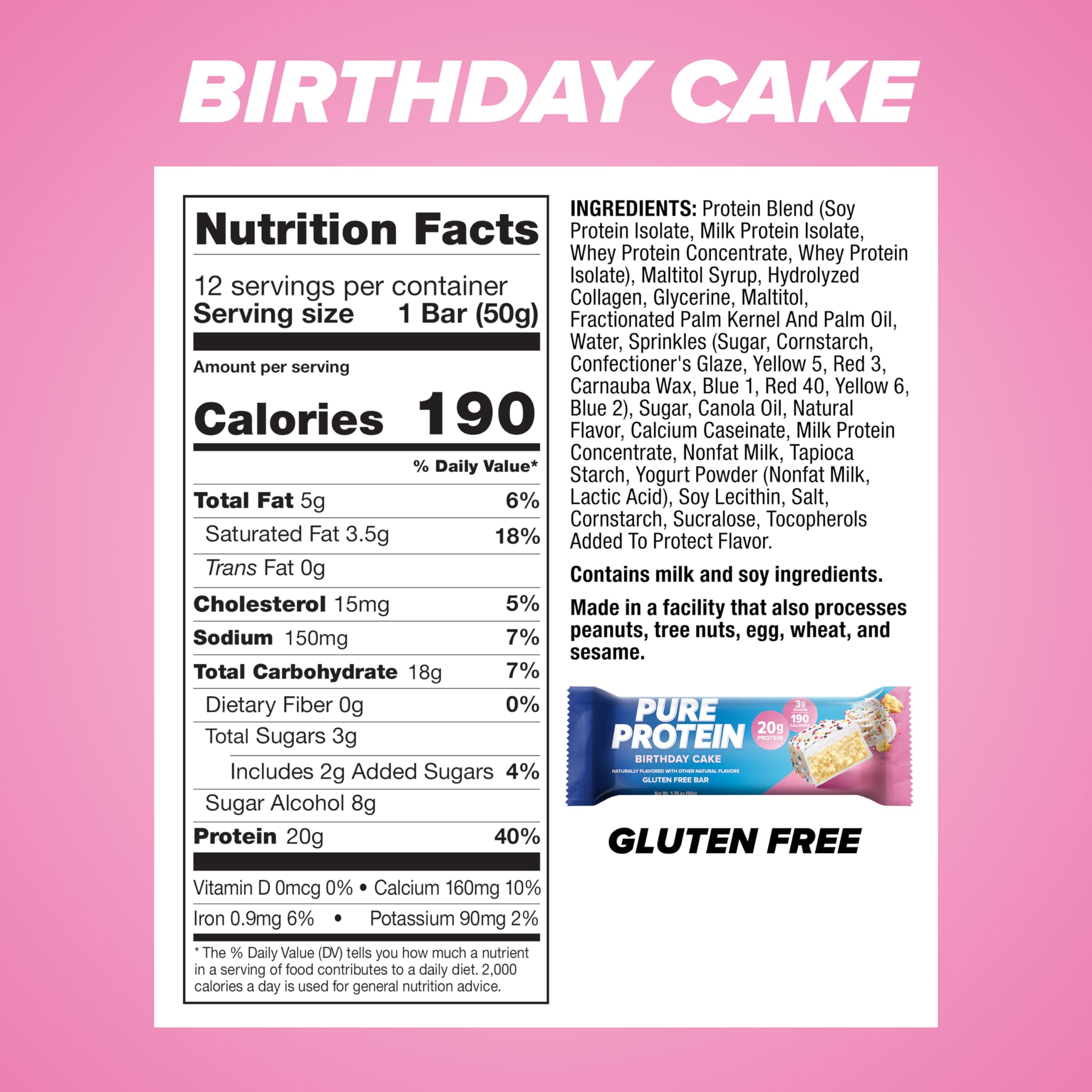 Pure Protein Birthday Cake bar on shelf, gluten-free snack between activities.