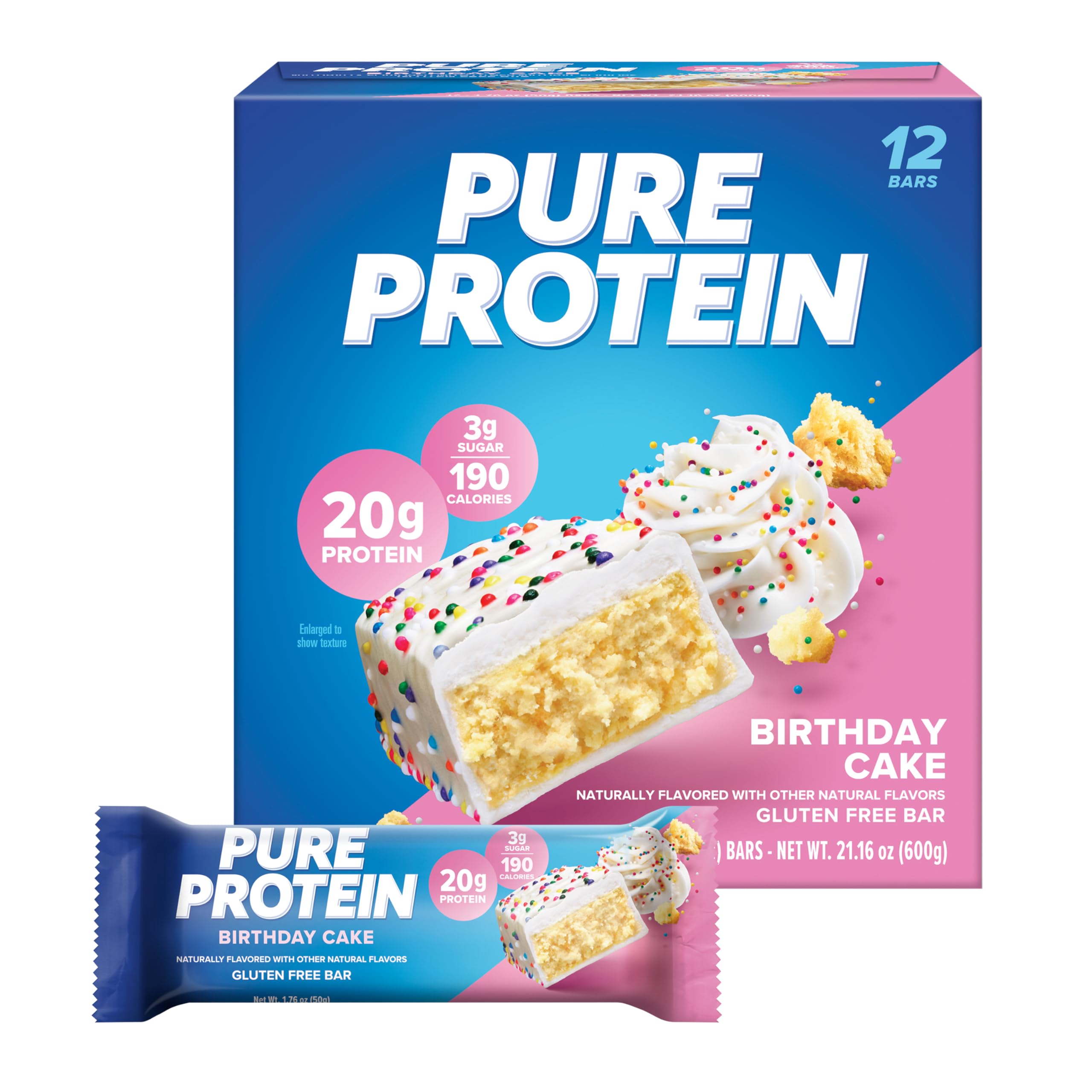 Pure Protein Birthday Cake bar wrapped, convenient high-protein snack for workouts.