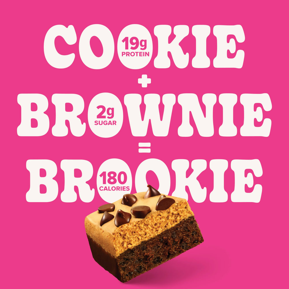 Pure Protein Brookie Bar close-up shows chocolate chips and brownie flavor.