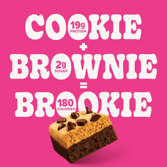 Pure Protein Brookie Bar close-up shows chocolate chips and brownie flavor.