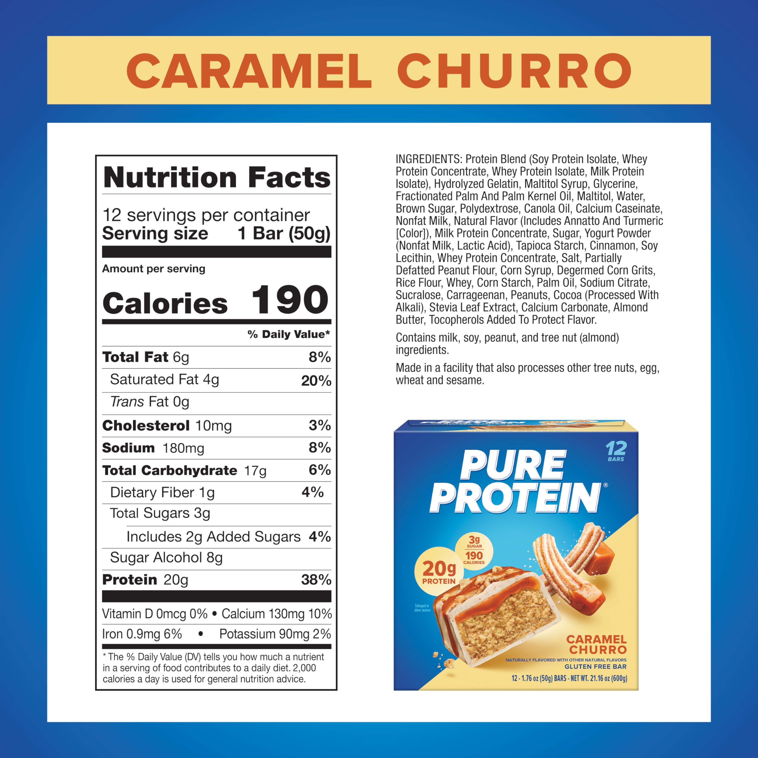 Close-up of Pure Protein Caramel Churro Bar texture highlighting caramel churro flavor.