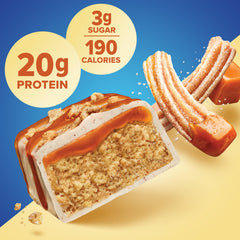 Cross-section of Pure Protein Caramel Churro Bar showing protein-packed nutrition with low sugar.