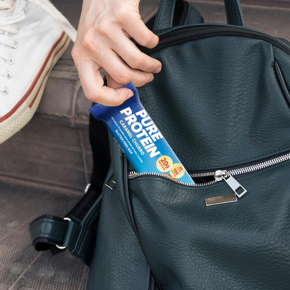Pantry-staple Pure Protein Caramel Churro Bar ready for quick snacks.