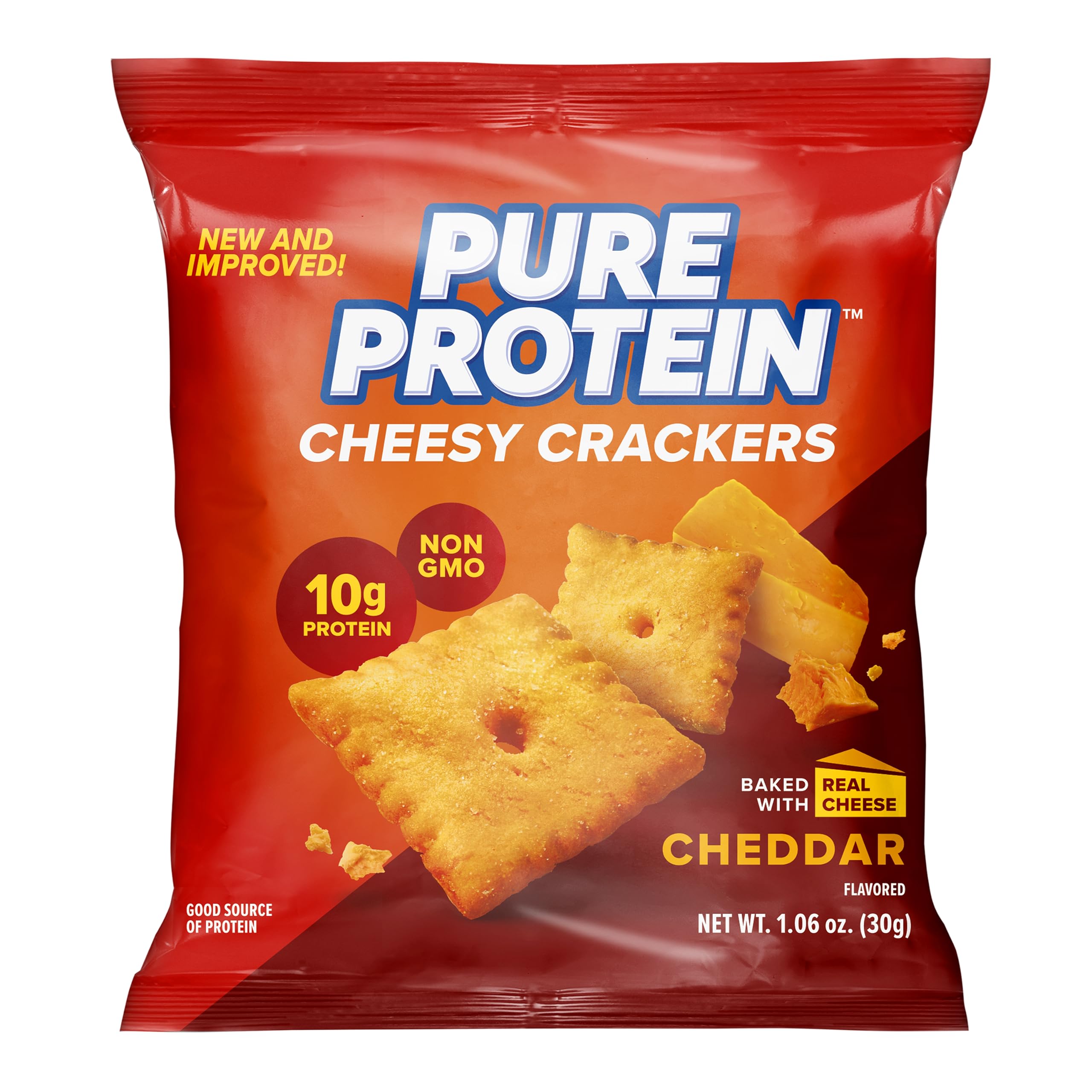 Pure Protein Cheesy Crackers cheddar packaging showing bold branding for a convenient snack.