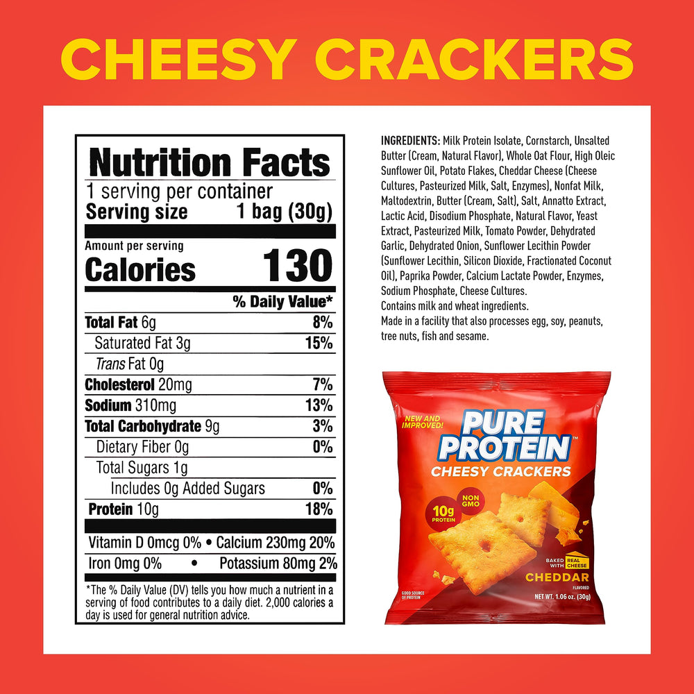 Pure Protein Cheesy Crackers crackers closeup highlighting real cheddar flavor.
