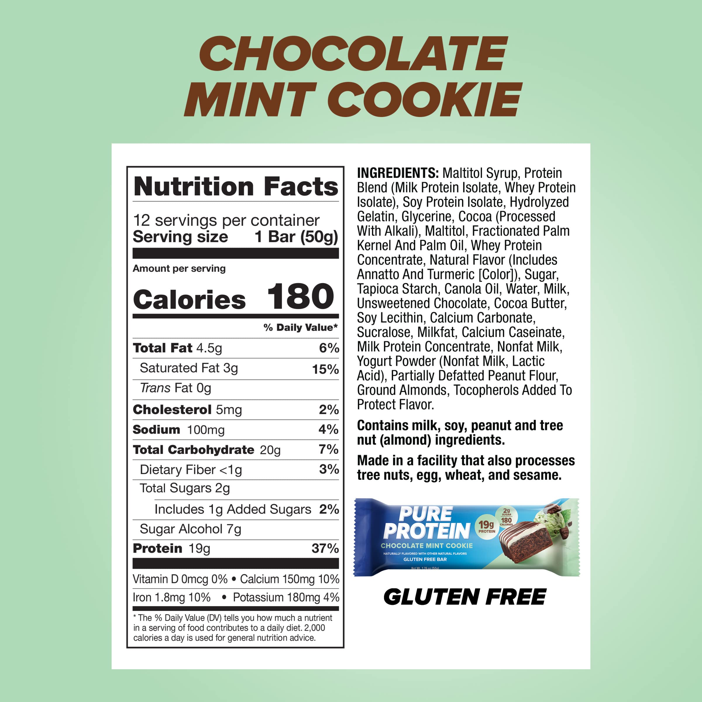 Pure Protein bar close-up highlighting mint chocolate flavor and texture