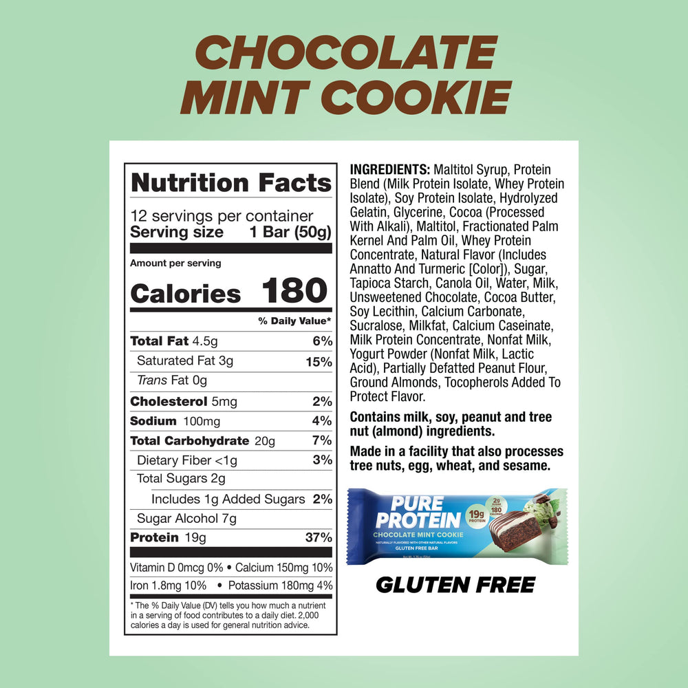 Pure Protein bar close-up highlighting mint chocolate flavor and texture