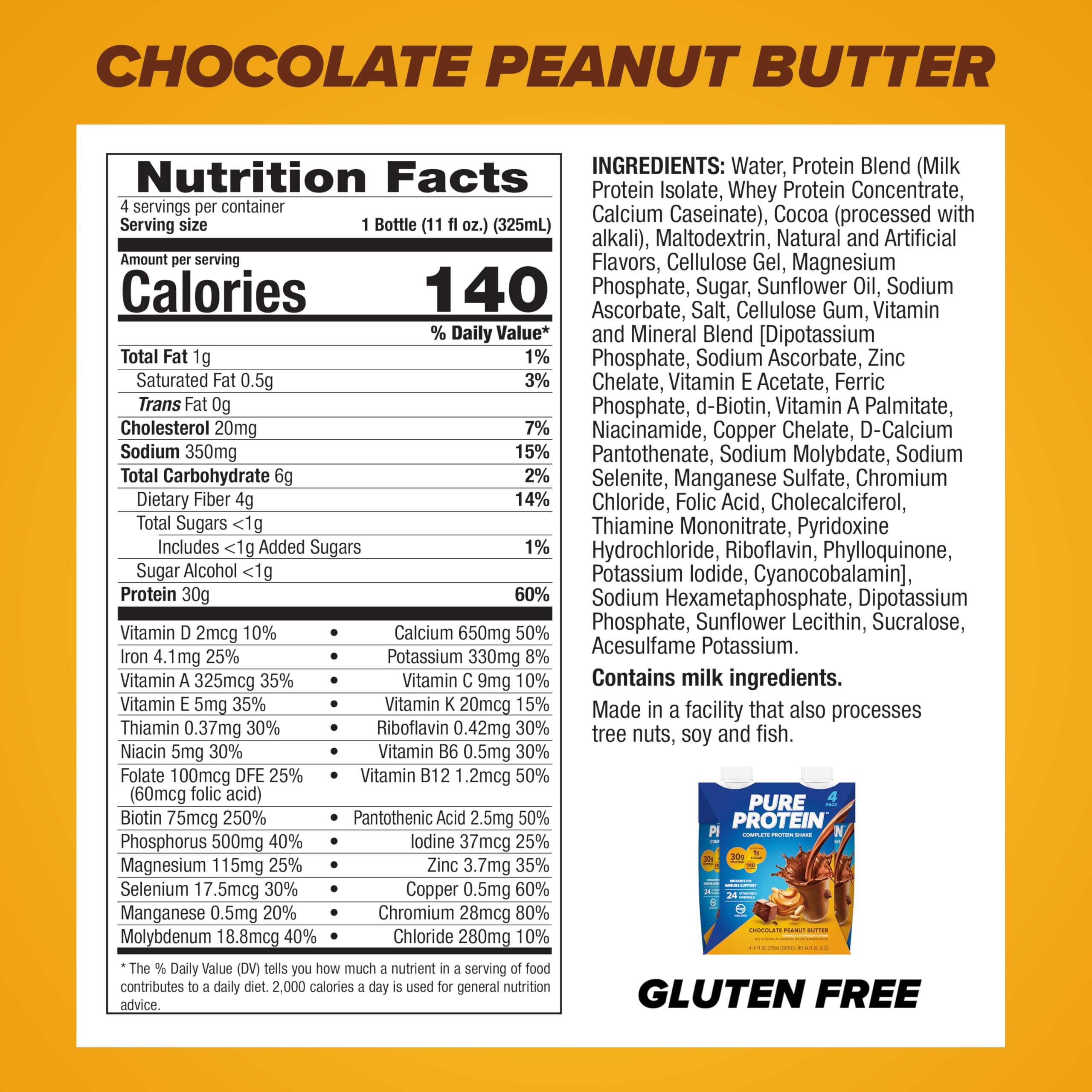 Pure Protein Chocolate Peanut Butter bottle back reveals 30g protein and low sugar.