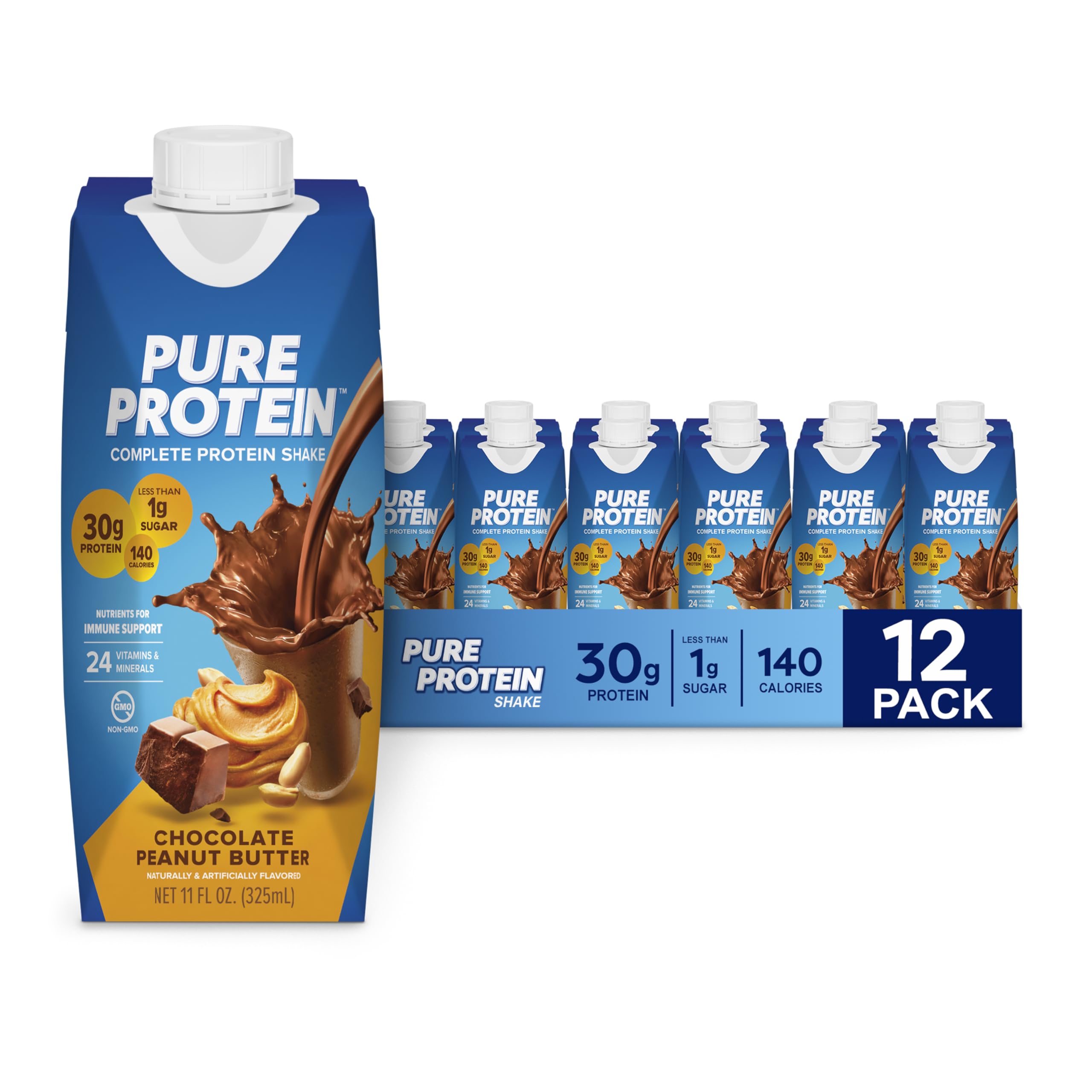 Pure Protein Chocolate Peanut Butter bottle front for on-the-go protein boost.