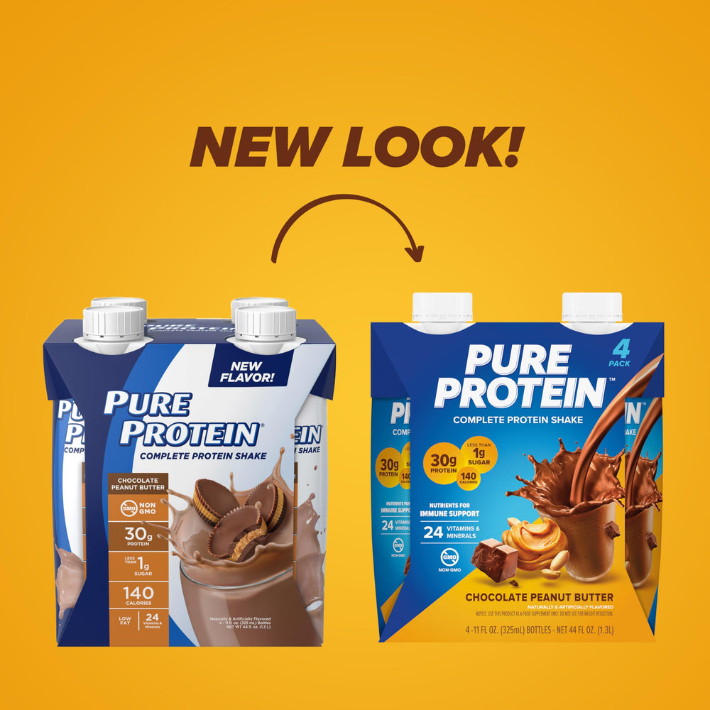 Pure Protein Chocolate Peanut Butter bottle side highlights nutrition panel and fiber.