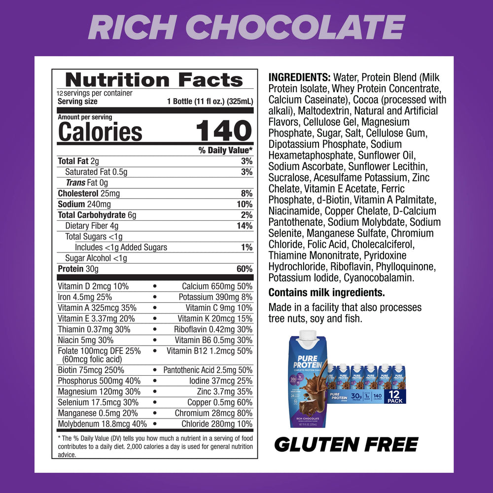 Glass of Pure Protein Chocolate Shake showing creamy texture for workouts