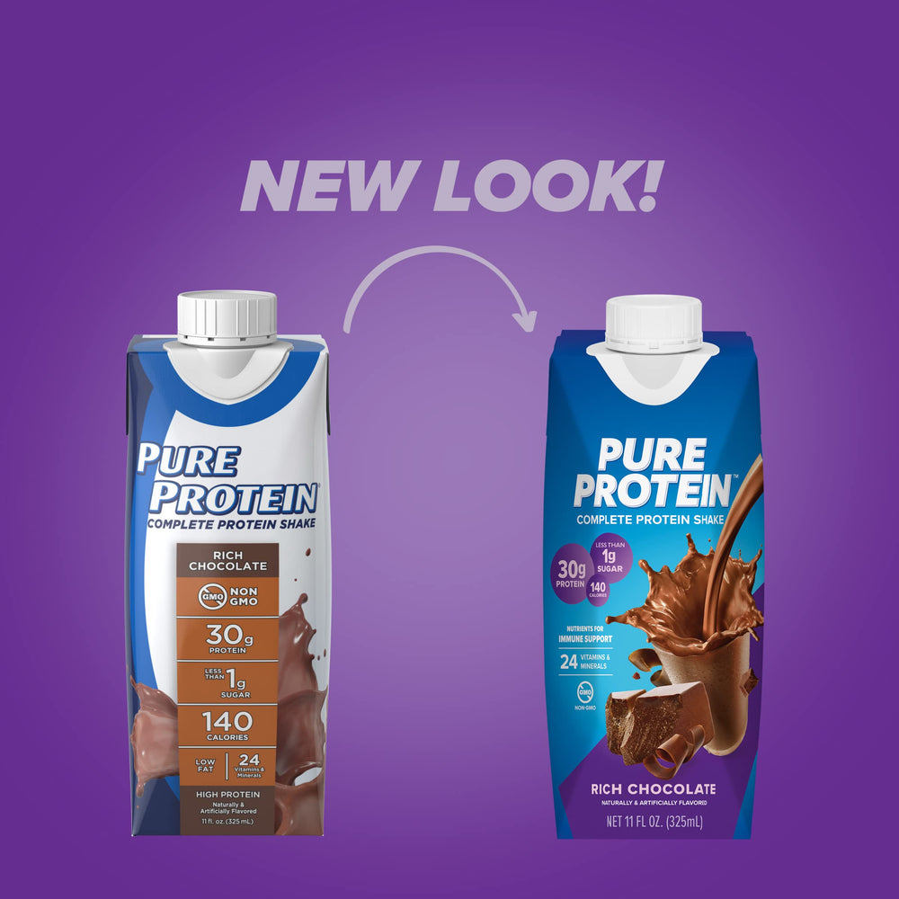 Nutrition label close-up of Pure Protein Shake with 30g protein and vitamins