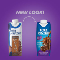 Nutrition label close-up of Pure Protein Shake with 30g protein and vitamins