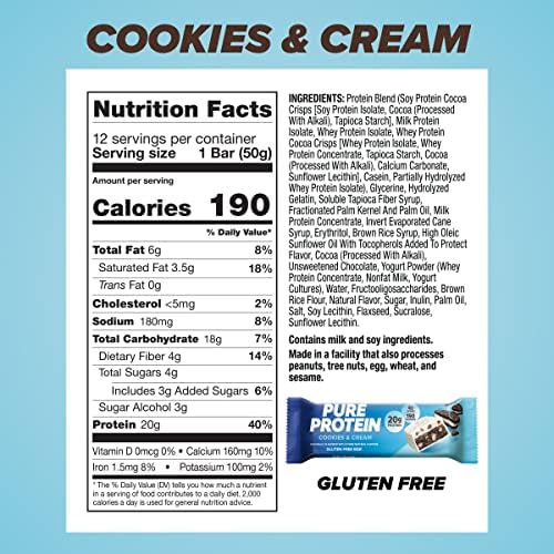 Pure Protein Cookies And Cream nutrition panel highlights 20g protein per bar