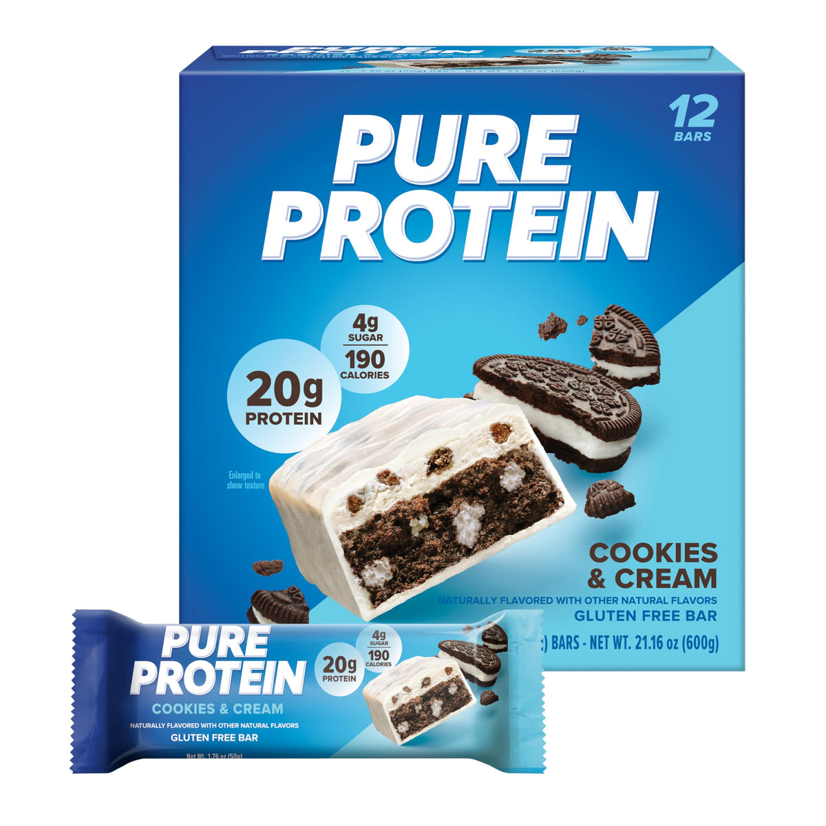 Pure Protein Cookies And Cream bar packaging, gluten-free snack for on-the-go energy