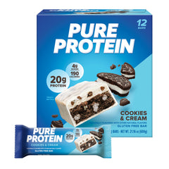 Pure Protein Cookies And Cream bar packaging, gluten-free snack for on-the-go energy