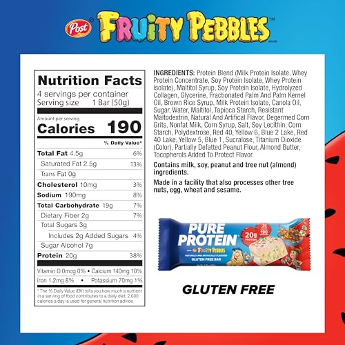 Pure Protein Fruity PEBBLES Bar closeup shows cereal-milk texture and satisfying crunch.