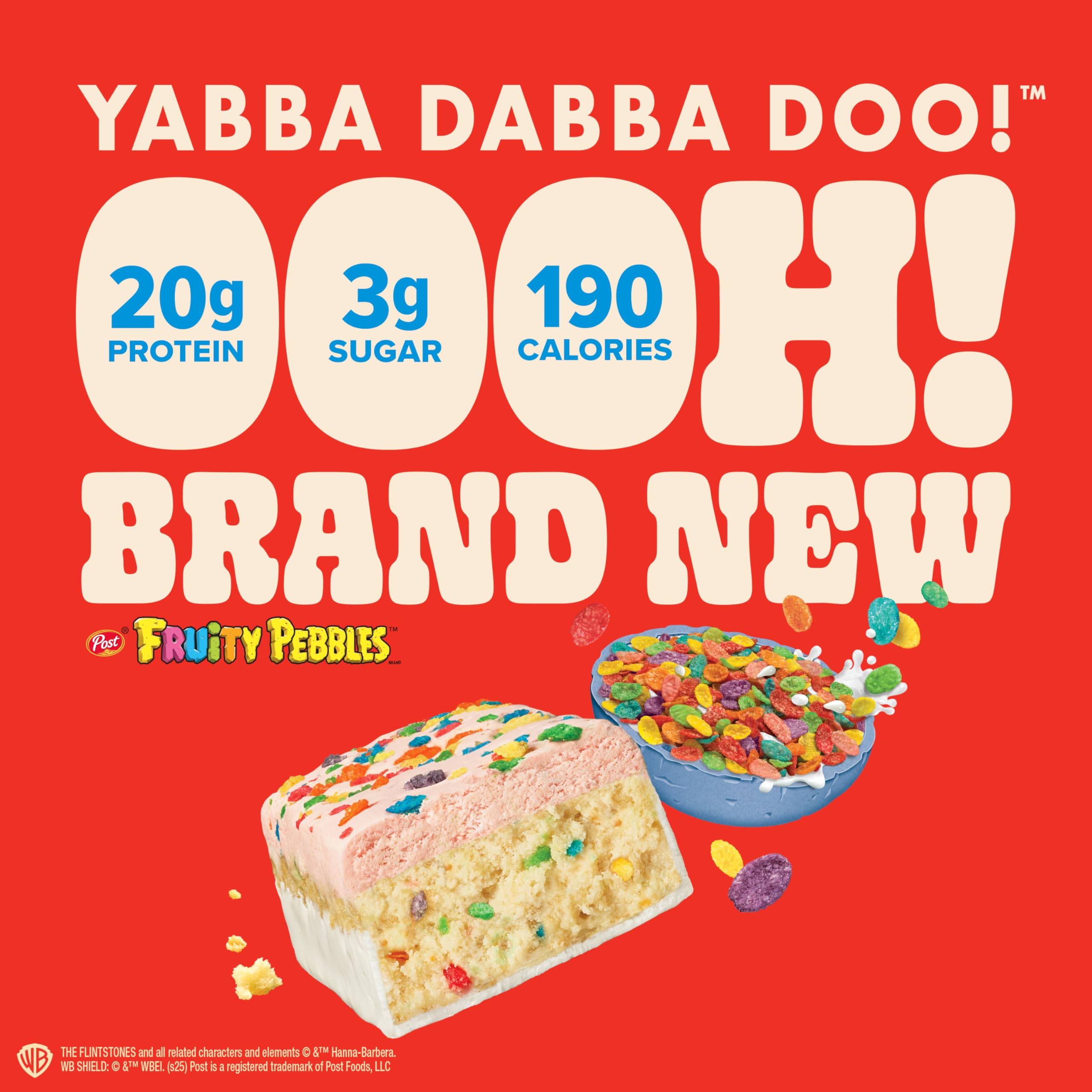 Pure Protein Fruity PEBBLES Bar nutrition label highlighting 20g protein and 3g sugar.