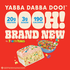 Pure Protein Fruity PEBBLES Bar nutrition label highlighting 20g protein and 3g sugar.