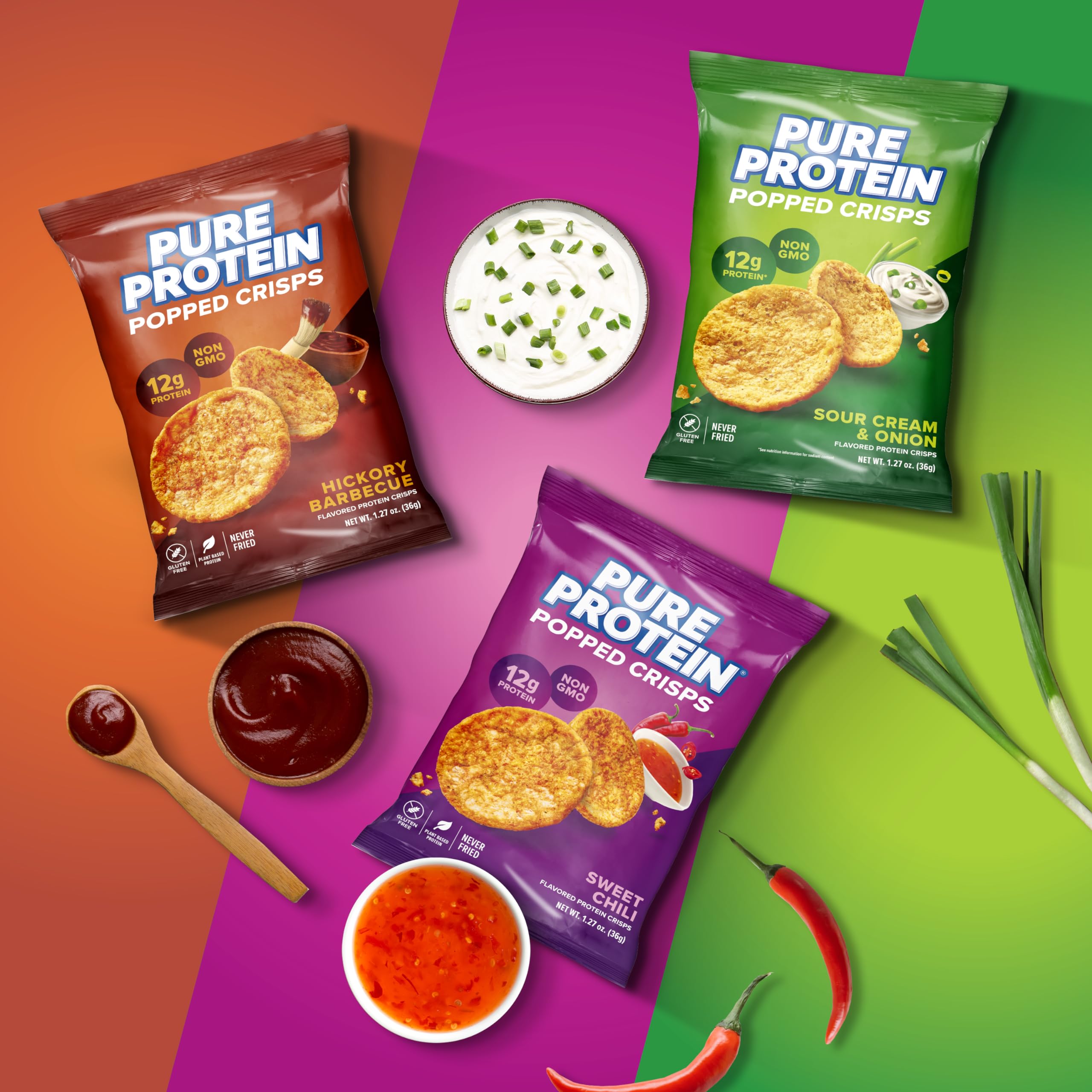 Pure Protein Popped Crisps Variety Pack front view shows three flavors.