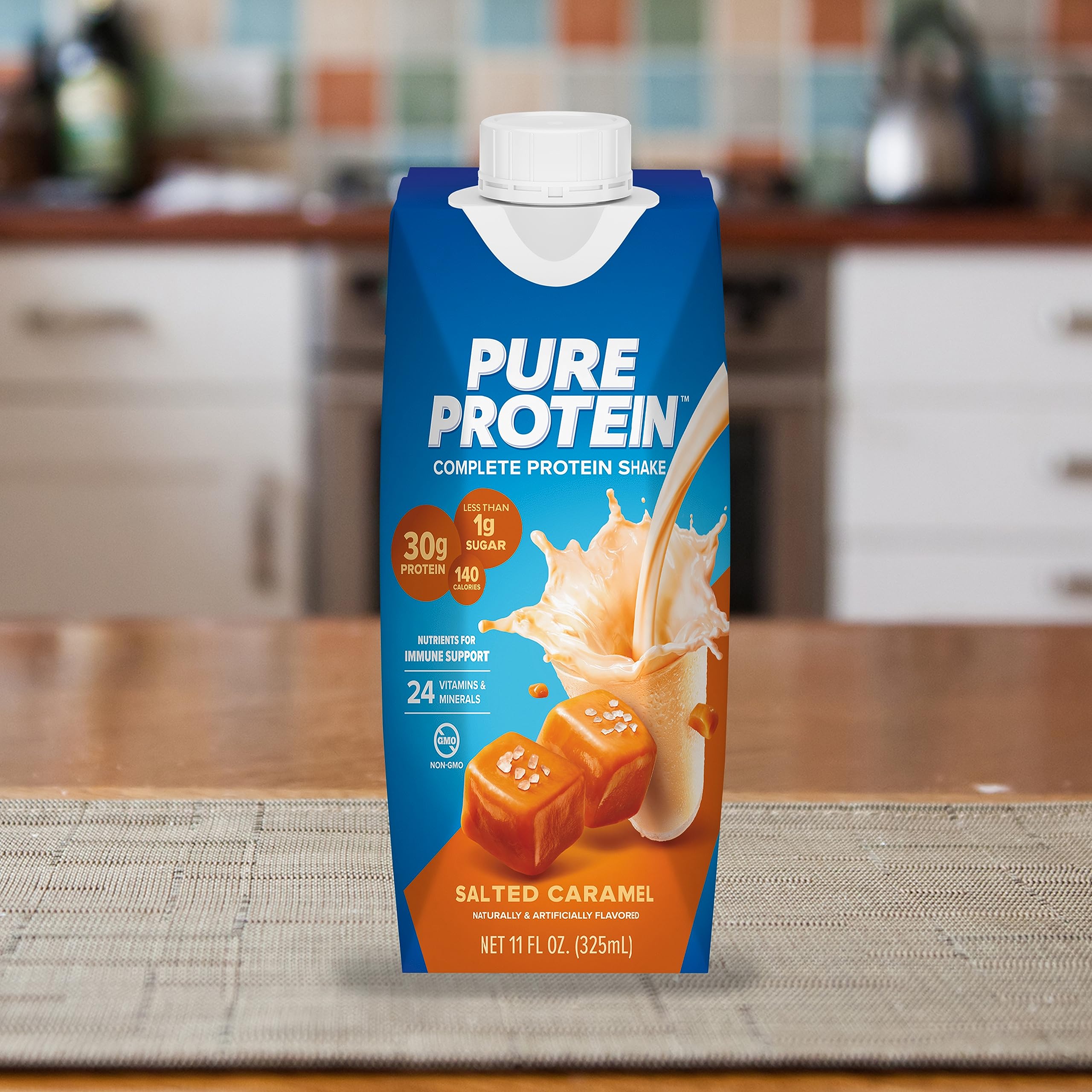 Pure Protein Salted Caramel Shake in gym bag for on-the-go fueling