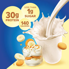 Pure Protein Banana Pudding graphic emphasizes creamy flavor and energy.