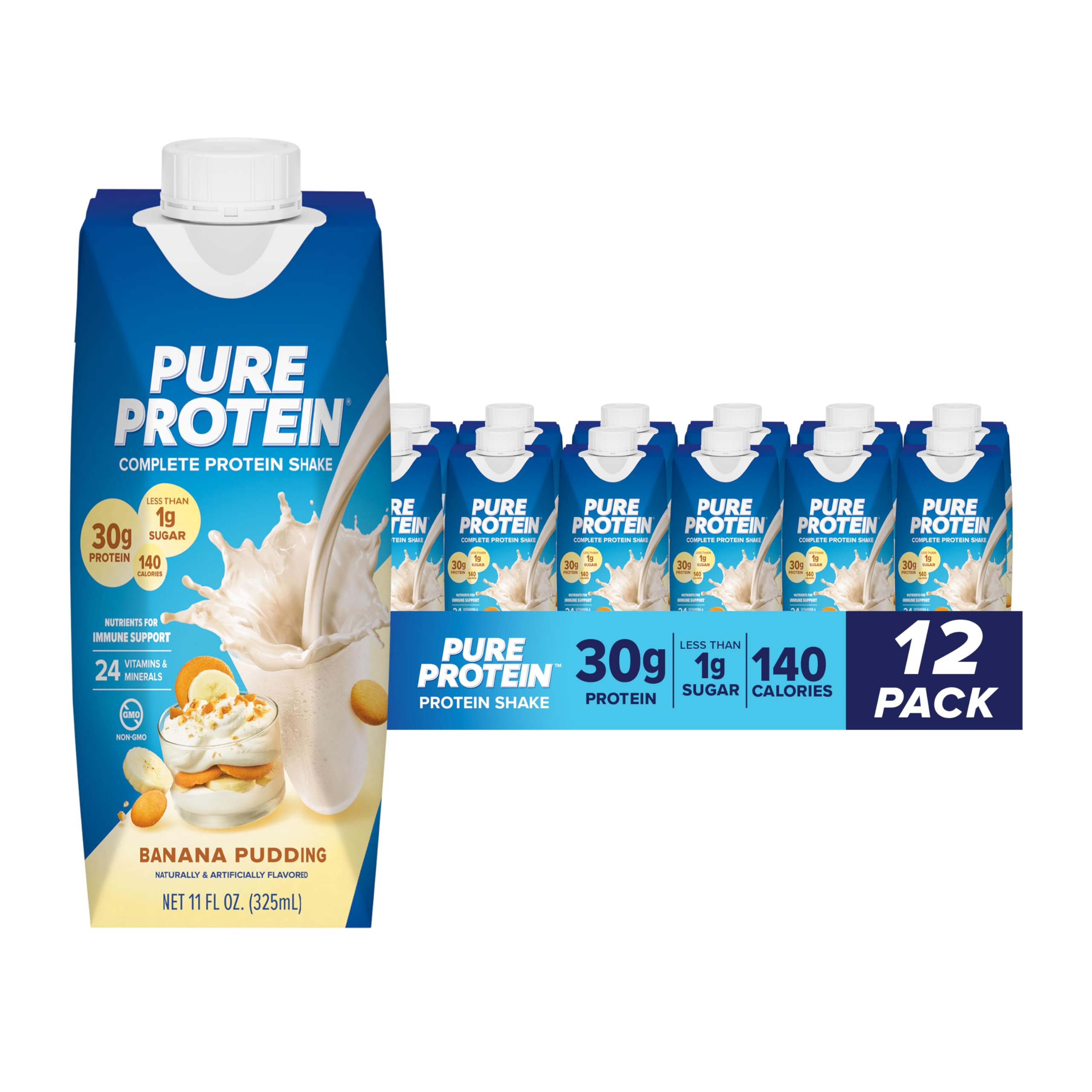 Pure Protein Banana Pudding Shake bottle front view for on-the-go.