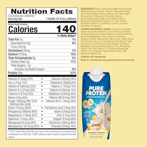 Pure Protein shake nutrition label highlights 30g protein per serving.
