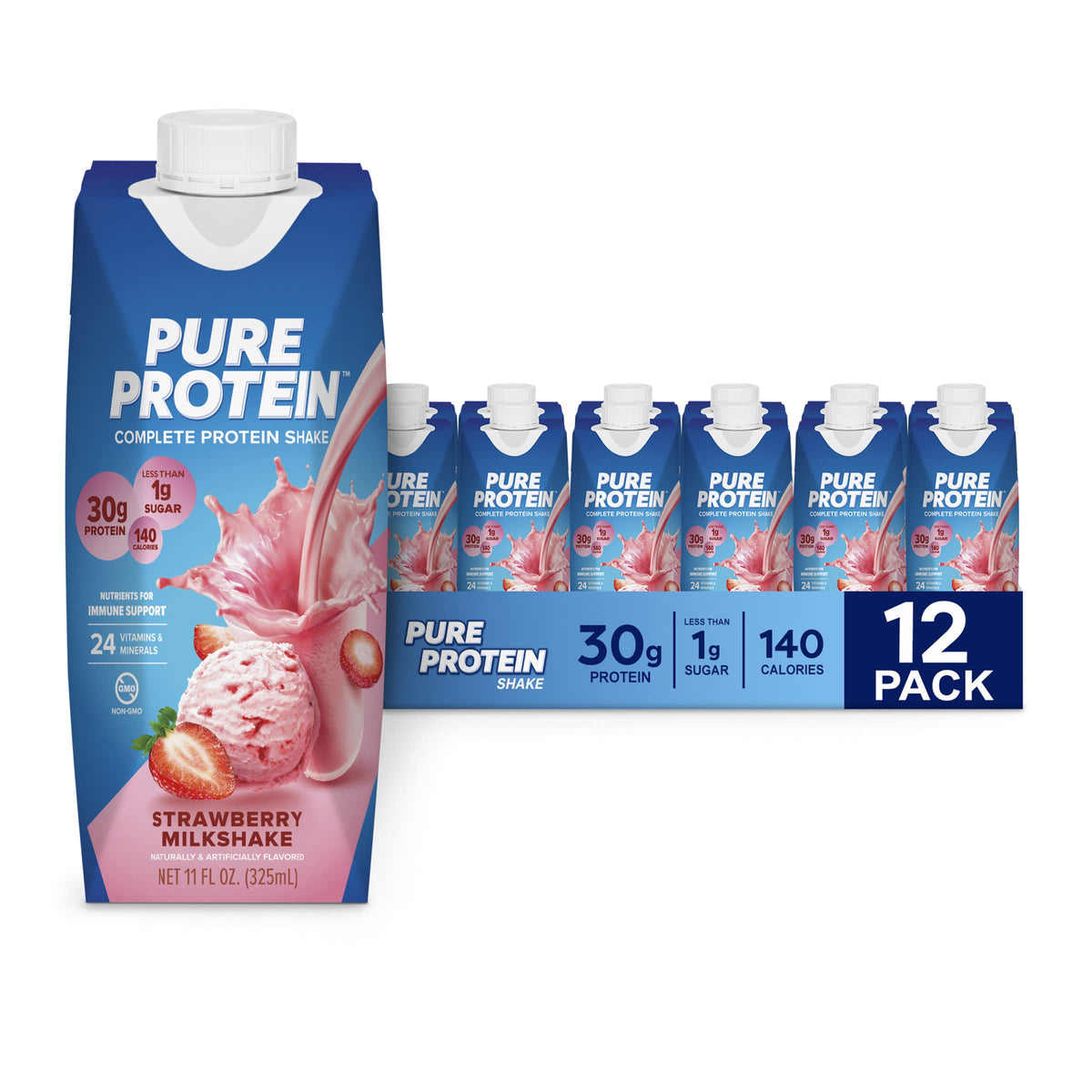 Pure Protein Strawberry Shake bottle showing 30 g protein per serving for muscle support.