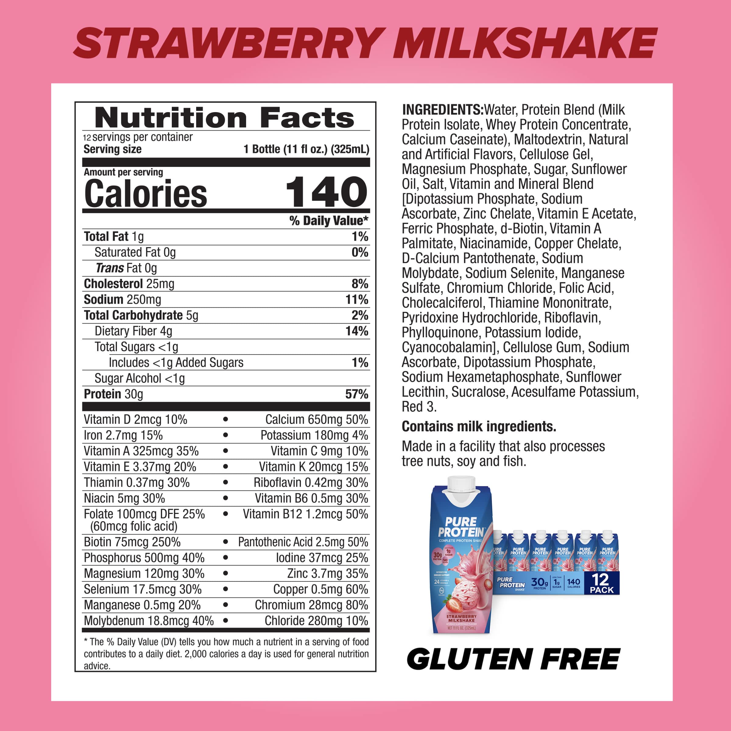 Nutrition label of Pure Protein Strawberry Shake highlighting vitamins and zinc.