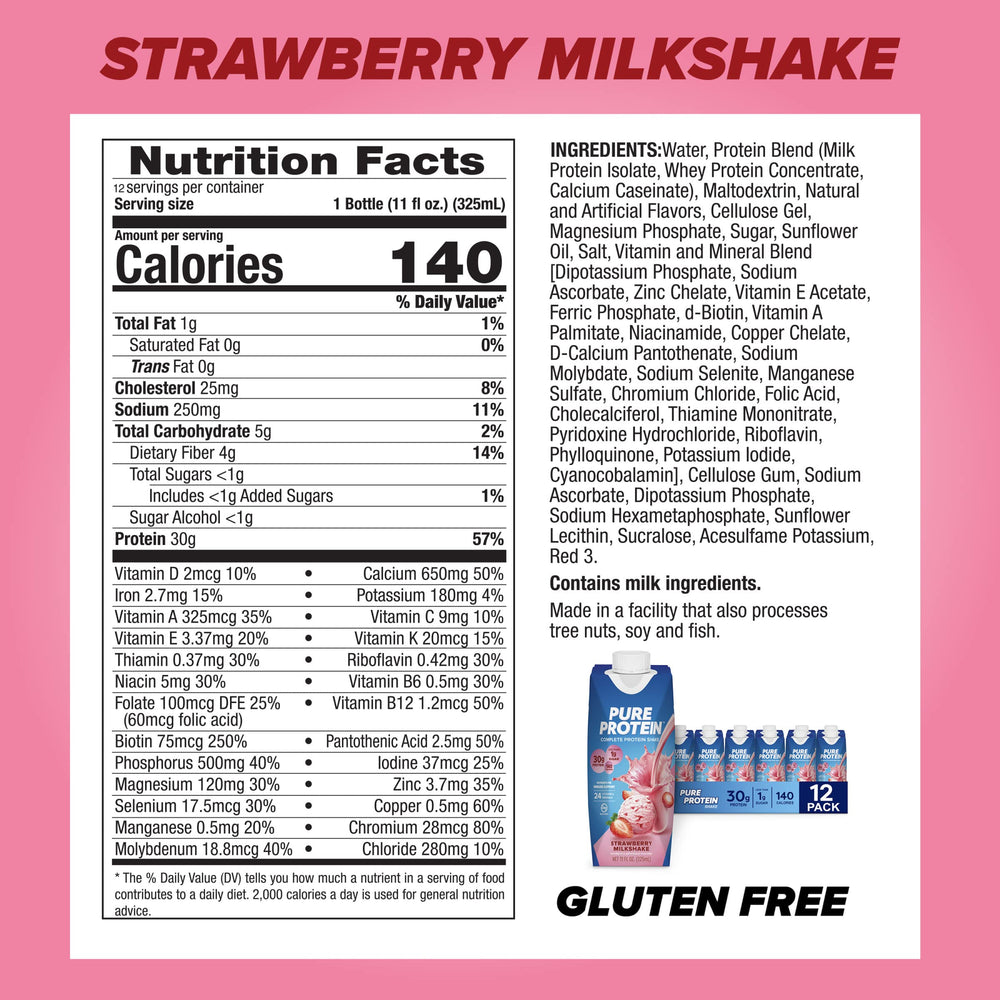 Nutrition label of Pure Protein Strawberry Shake highlighting vitamins and zinc.